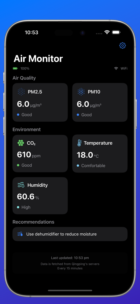 Air Quality Watch - Air Quality Watch app dashboard showing PM2.5, CO2, temperature, and humidity readings.