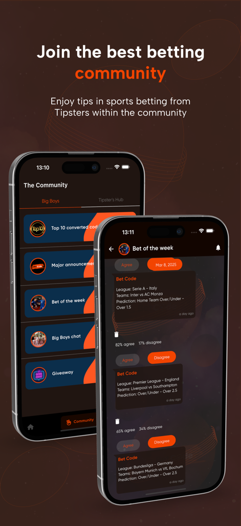 BetCode - BetCode app interface displaying the betting community section with expert tipster predictions and bet of the week details