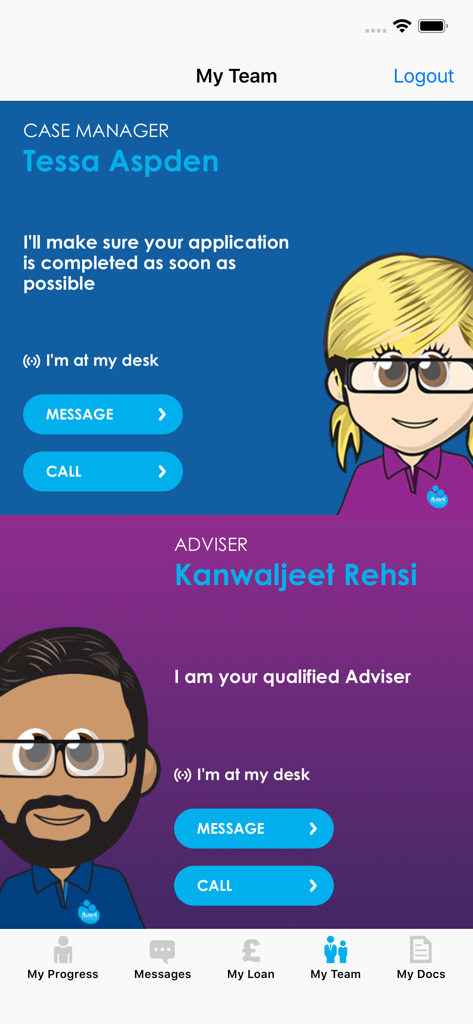 MyFluent - MyFluent app My Team screen displaying case manager and adviser contact options with cartoon avatars