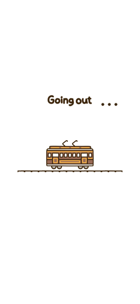 Neko Atsume 2 - A minimalist illustration of a brown trolley on tracks with the text Going out