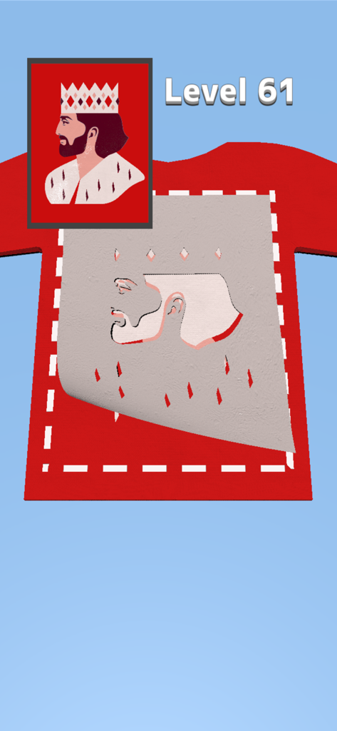 Masking Print - A coloring puzzle showing a king portrait stencil on a red shirt