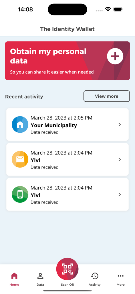Yivi - The Yivi app home screen displaying recent activity logs and a call to action to obtain personal data for secure sharing