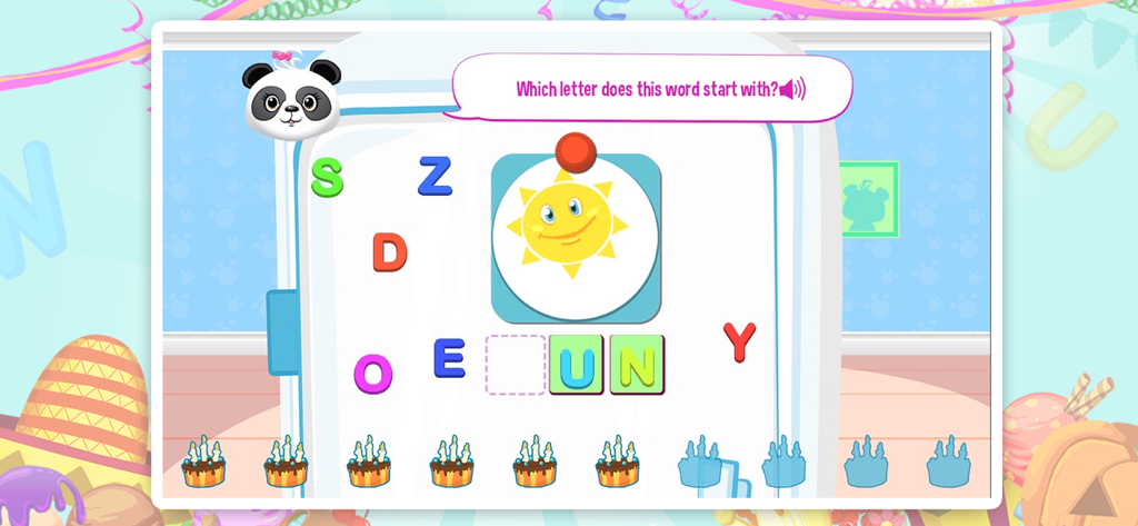 Lola's ABC Party - Reading fun - Lola Panda educational app screen showing a phonics activity to spell the word sun