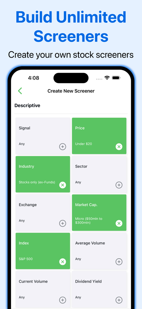 Interfaz para construir escáneres de acciones personalizados con filtros de precio, industria y capitalización de mercado