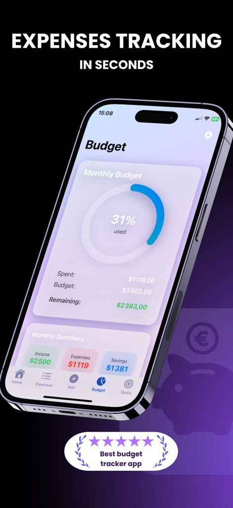 Budget & expenses : Spendo - Visão geral do orçamento mensal no aplicativo Spendo mostrando valores gastos e restantes com um círculo de progresso