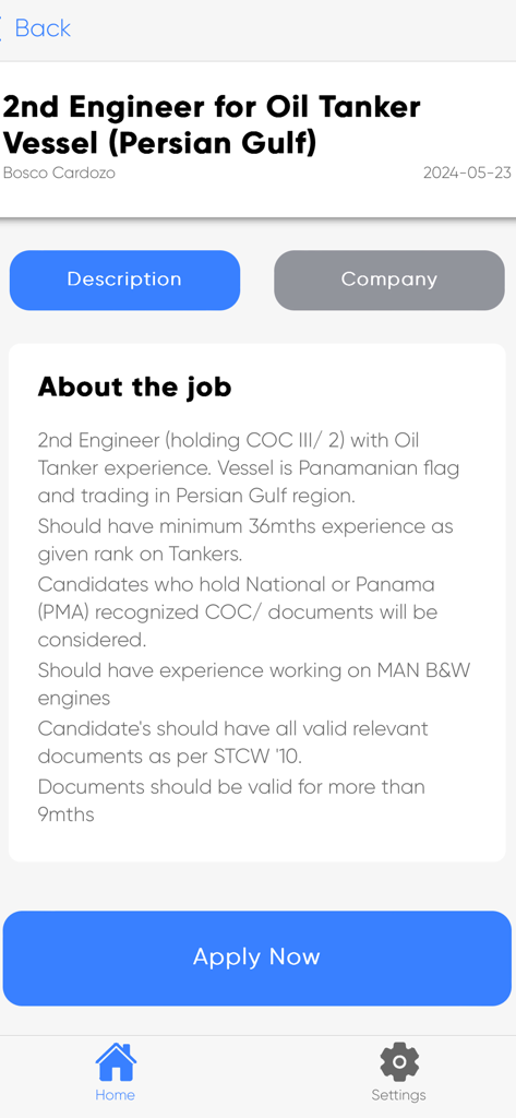 Pantalla de la aplicación móvil que muestra una vacante de empleo para un 2º Ingeniero en un petrolero con detalles y un botón de Solicitar Ahora