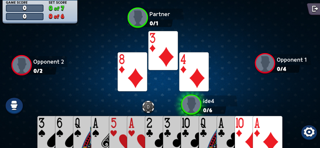 Une interface numérique de Manfee, un jeu de cartes traditionnel afghan, montrant un match à quatre joueurs en cours.