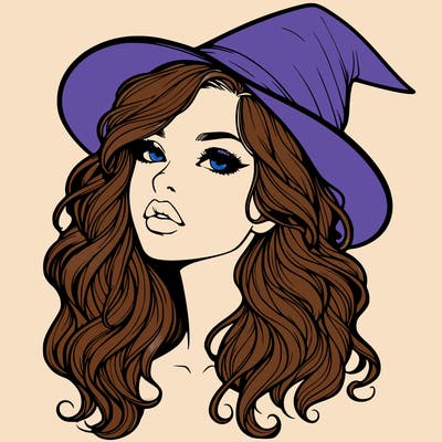 realistic witch girl with wavy hair and lips