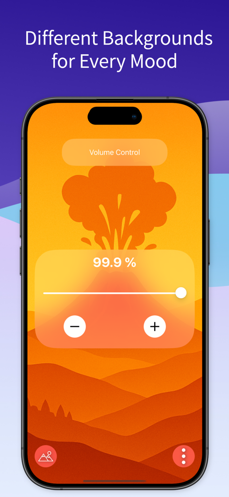 Volume Control - 맞춤형 화산 배경과 99.9% 정밀 볼륨 슬라이더를 보여주는 iPhone의 볼륨 제어 앱