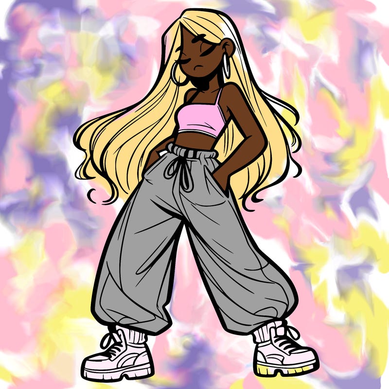 girl in baggy pants crop top and long hair