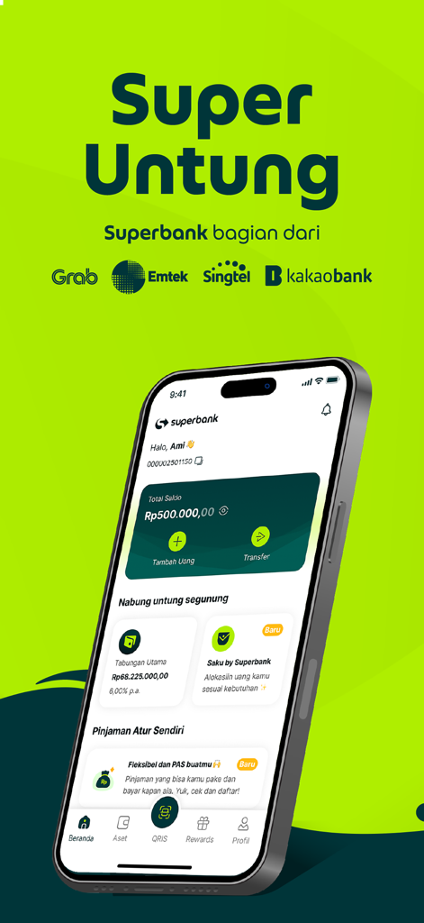 Superbank: Save, Borrow, Grow - Home screen of the Superbank mobile app displaying account balance, savings options, and quick access to QRIS payments