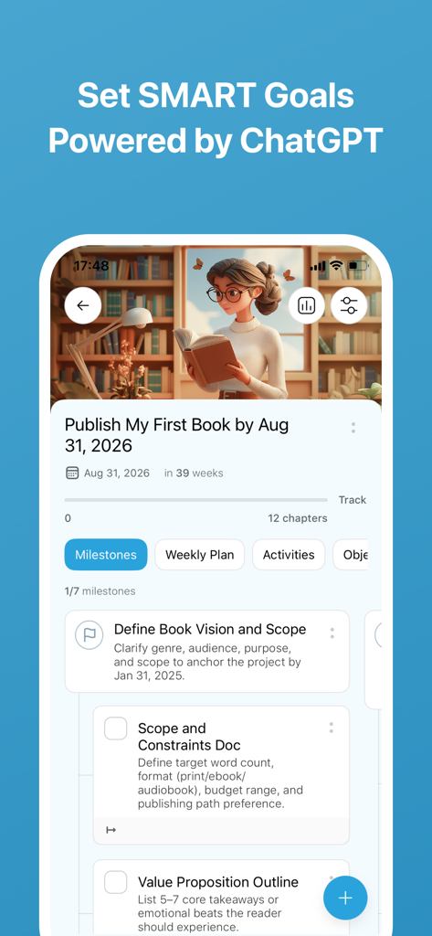 Daily Goal Tracker & Organizer - Interface of Goals Wizard app showing a SMART goal to publish a book with AI-generated milestones