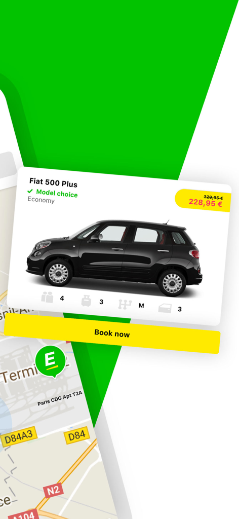 Aplicação móvel Europcar mostrando uma oferta de aluguer de Fiat 500 Plus no aeroporto de Paris CDG com um botão de reservar agora
