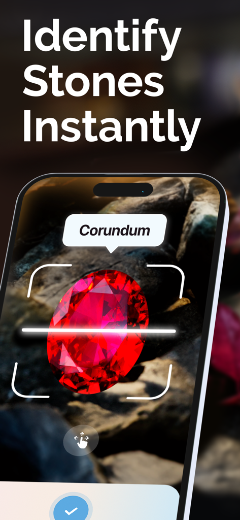 Rock ID app identifying a red gemstone as Corundum using an AI scanner