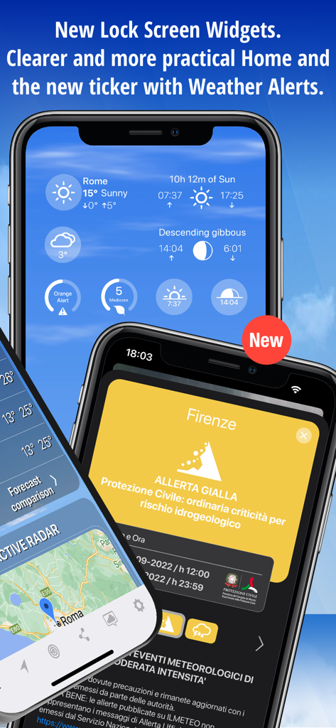 Interfaccia dell'app Meteo Plus che mostra allerte meteo per Firenze e widget per la schermata home per Roma.