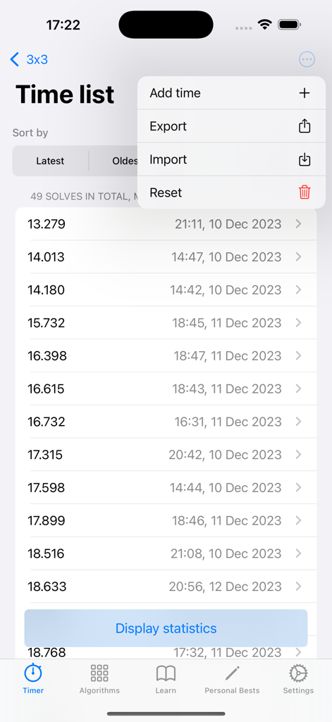 The Cube App Pro - Interface de The Cube App Pro affichant une liste des temps de résolution enregistrés pour un cube 3x3 et un menu de gestion des données.