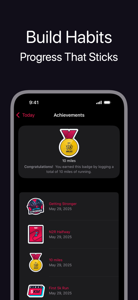 None to Run: Beginner, 5K, 10K - None to Run app achievements screen showing various badges for running milestones and strength training