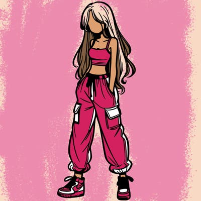 girl in baggy pants crop top and long hair