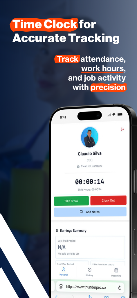 Thunder Pro - App mobile Thunder Pro che mostra la funzione di marcatempo per il monitoraggio delle presenze nell'attività di pulizie