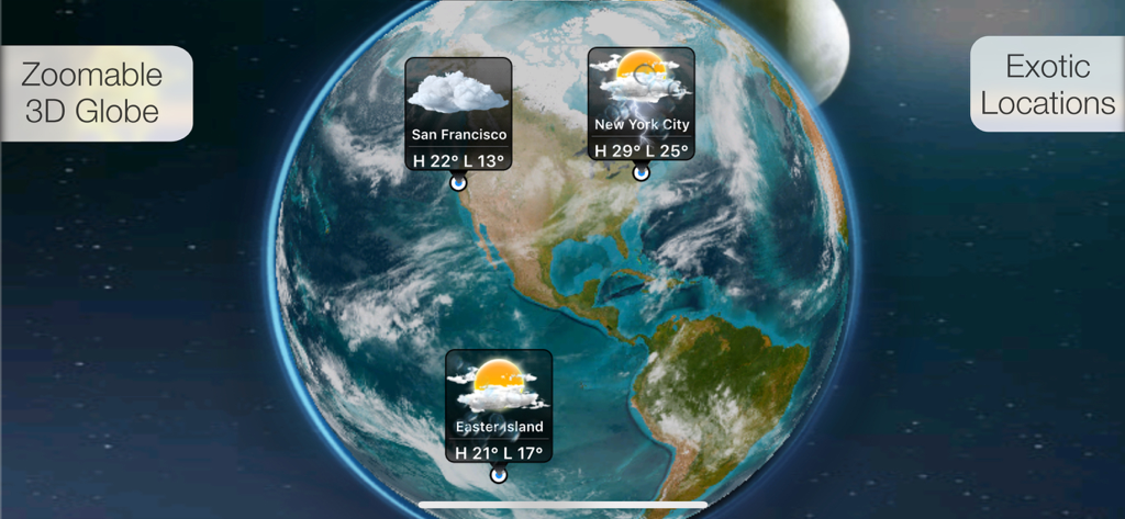 Beautiful Weather & Alerts - A zoomable 3D globe showing weather forecasts for global cities like San Francisco and New York