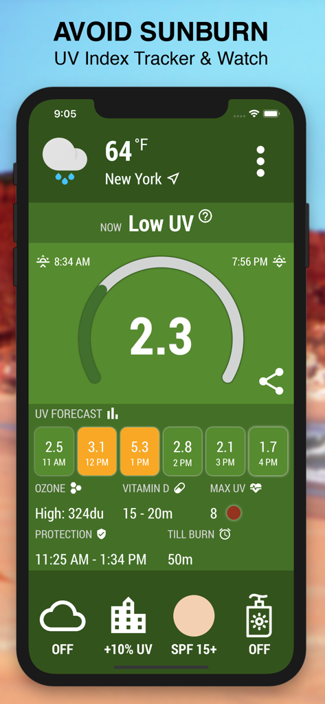 UV Index Now - UVI Mate - UV Index Now app interface showing current UV index forecast and sun safety tips