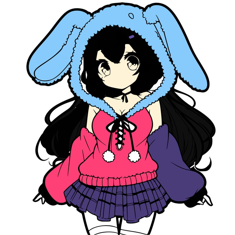 pretty anime girl wearing a fluffy hoodie with bunny ears on the hood and a skirt
