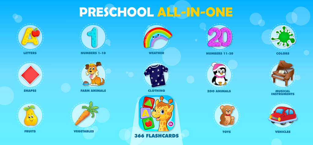 Toddler Games For 2 Year Olds. - Preschool all-in-one menu screen showing educational categories for letters, numbers, animals, and colors.