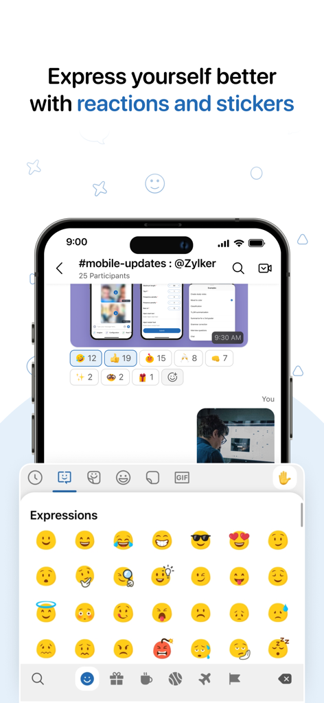 Zoho Cliq app interface on an iPhone showing message reactions and an emoji selection keyboard