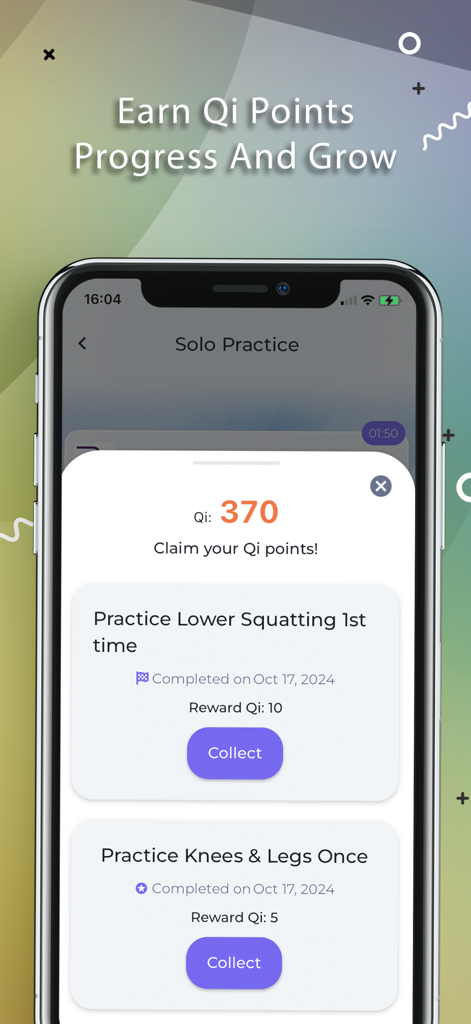Onenergy Qigong and Meditation - Interface do aplicativo Onenergy Qigong mostrando Pontos de Qi ganhos e recompensas por conclusão de prática solo.