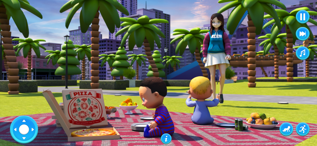 Twins Babysitter Sim:Baby Care - A babysitter character supervising twin babies during a picnic in a sunny city park with a pizza and fruit.