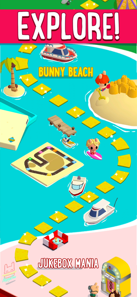 Board Kings mobile game screenshot featuring Bunny Beach and Jukebox Mania boards with an Explore headline