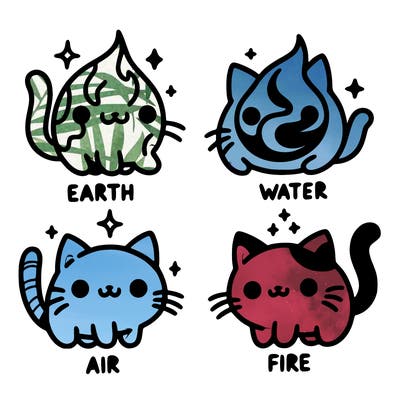 4 cats that represent the different elements, earth, water, air, and fire