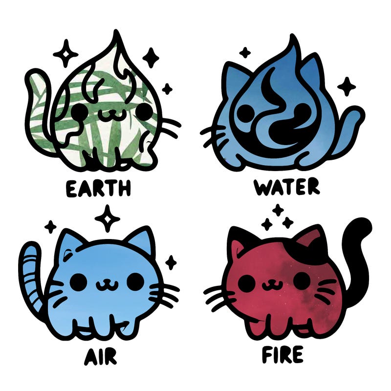 4 cats that represent the different elements, earth, water, air, and fire