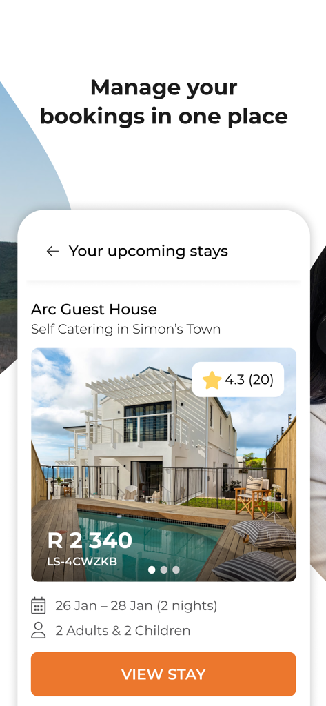LekkeSlaap - LekkeSlaap app interface showing upcoming stay details at a guest house in South Africa