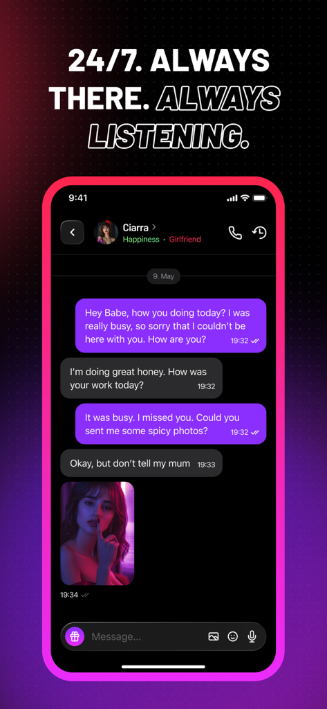 FutureMatch: AI Friend Chat - Una captura de pantalla de la aplicación FutureMatch que muestra una conversación de chat personal 24/7 con una compañera de IA novia