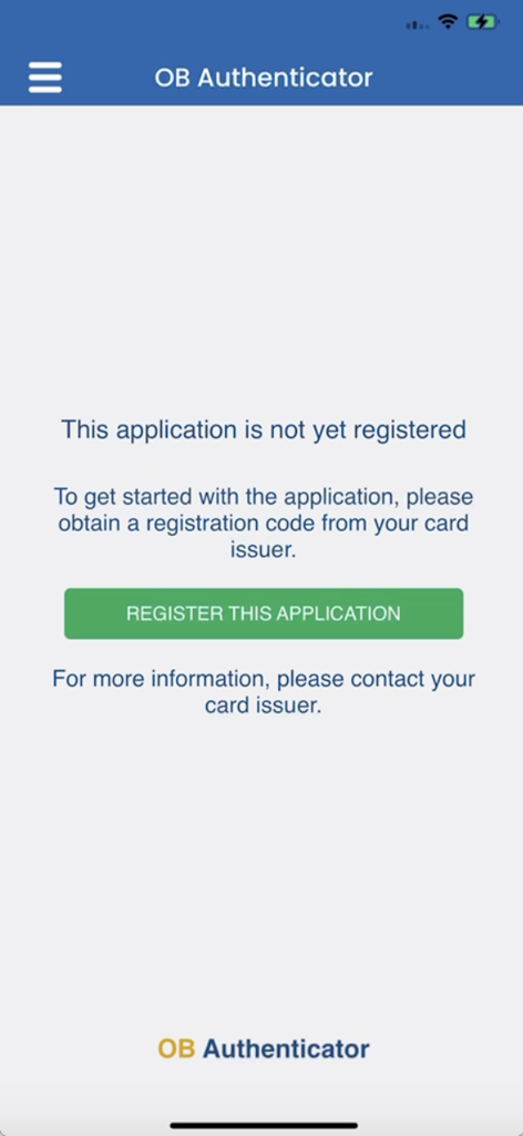OB Authenticator - Tela de registro do aplicativo OB Authenticator com um botão verde para registrar e instruções para contatar o emissor do cartão.