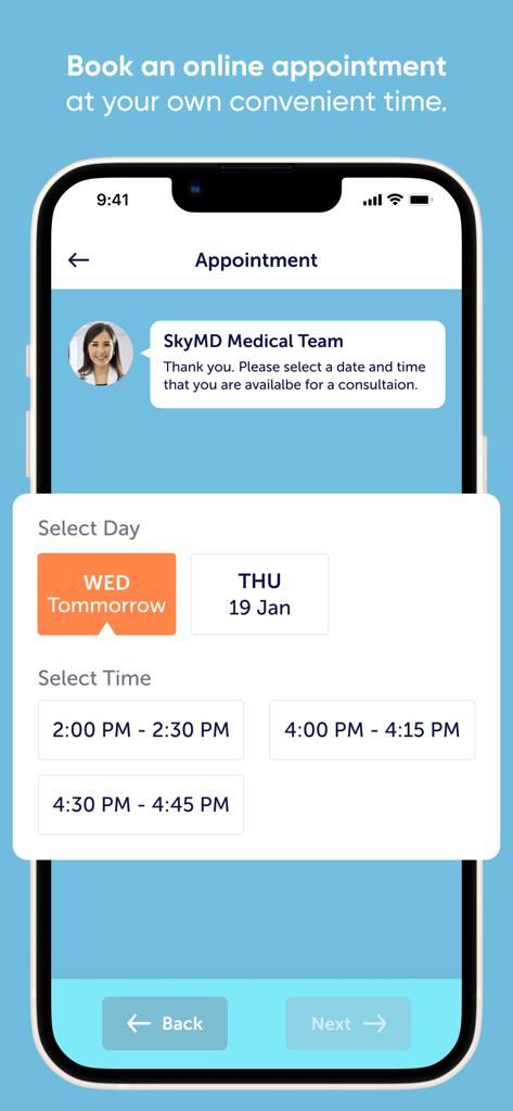 SkyMD 24/7 Telehealth - SkyMD 앱 인터페이스, 온라인 의료 예약 등록을 위한 날짜 및 시간 선택 표시