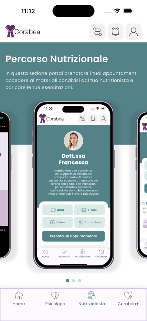 Corabea - Corabea app interface showing a nutritionist professional profile with buttons to book an appointment via chat or video