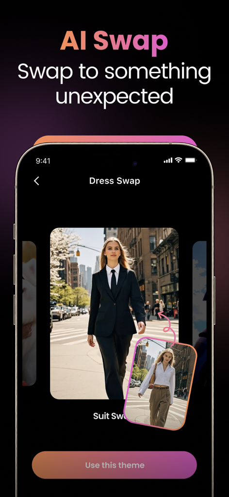AI Video Generator-VideoMax - VideoMax app interface showing an AI outfit swap feature changing a woman's casual clothes into a formal suit.