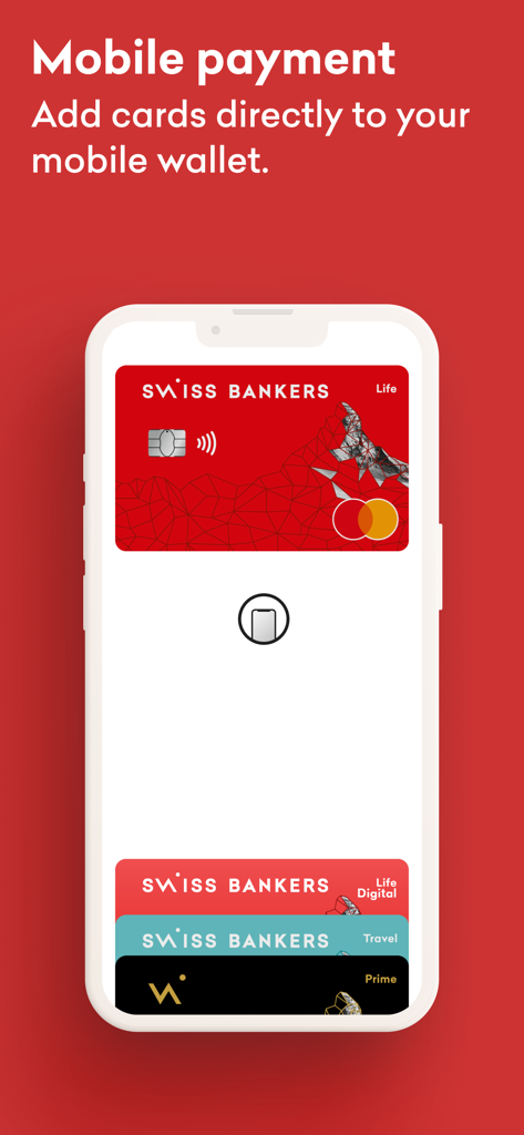 Swiss Bankers - Swiss Bankers app mobile wallet integration showing a prepaid Mastercard on a smartphone screen