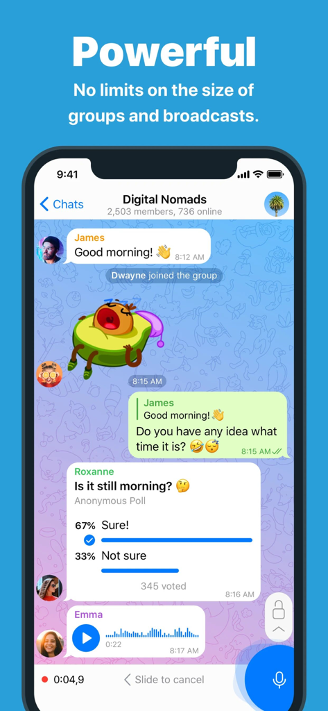 TG Connect - Screenshot of TG Connect app showing a large group chat with a poll, voice message, and stickers