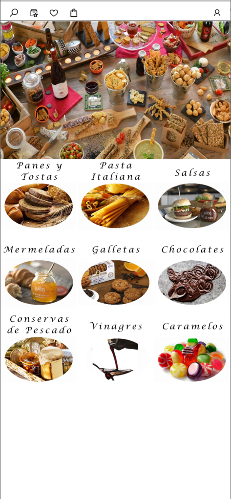 Rinor - Rinor app interface displaying a curated catalog of gourmet food categories including pasta, chocolates, and artisanal jams