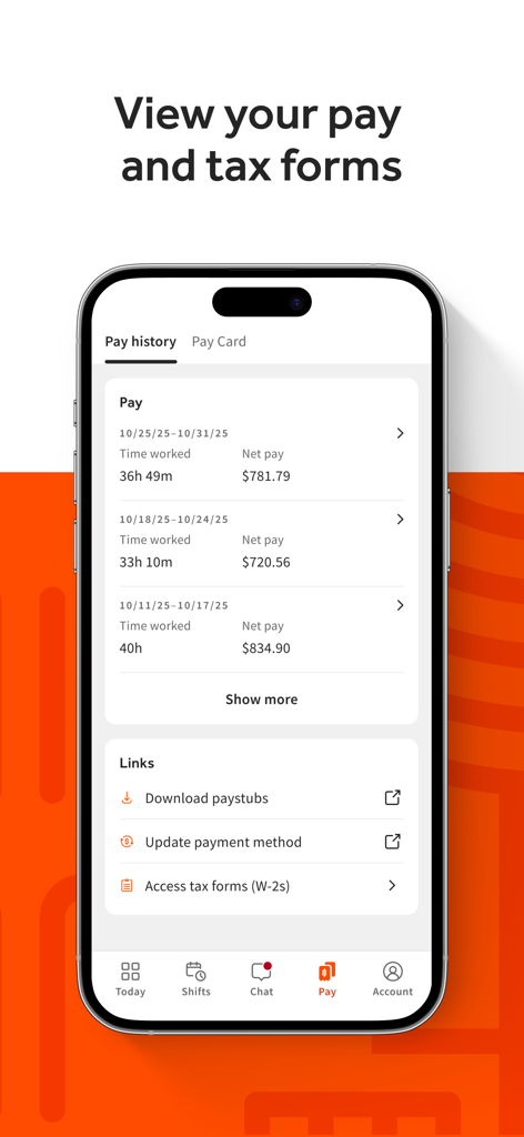 A smartphone screen showing the MyToast app pay history interface with net pay details and links to download paystubs and W2 forms