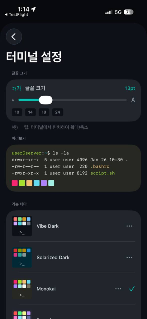 VibeShell - La pantalla de configuración de la terminal VibeShell que muestra opciones de ajuste de tamaño de fuente y una selección de temas de color que incluyen Monokai y Solarized Dark.
