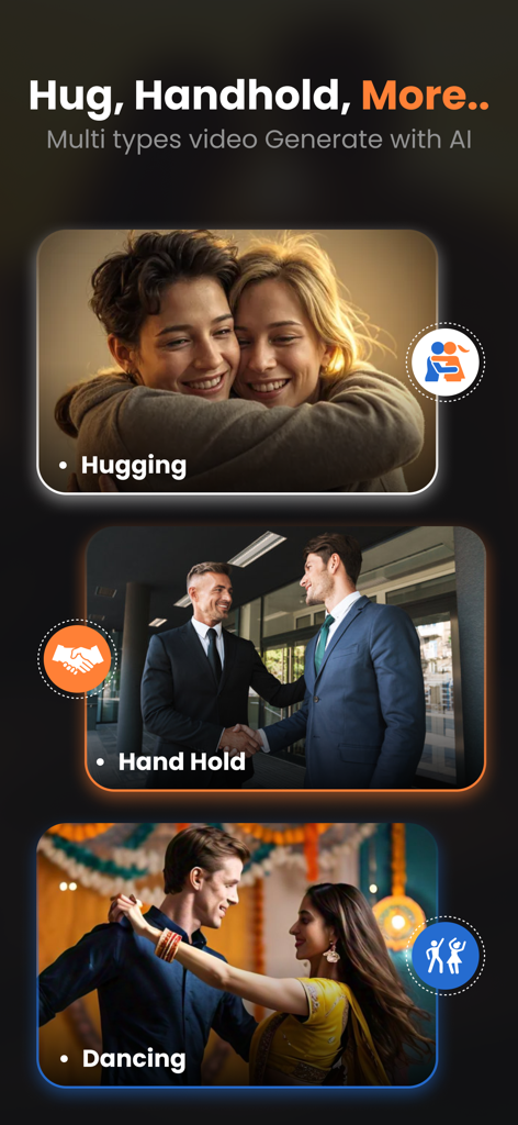 AI Kissing Video Generator - App interface showcasing AI video generation categories for hugging, hand holding, and dancing animations
