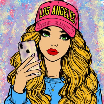 realistic beautiful girl wearing los ángeles cap holding an iphone