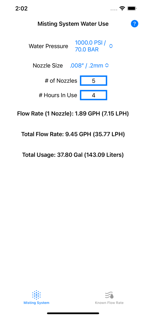 Interface of the Misting app showing water usage calculations based on PSI, nozzle size, and usage hours.