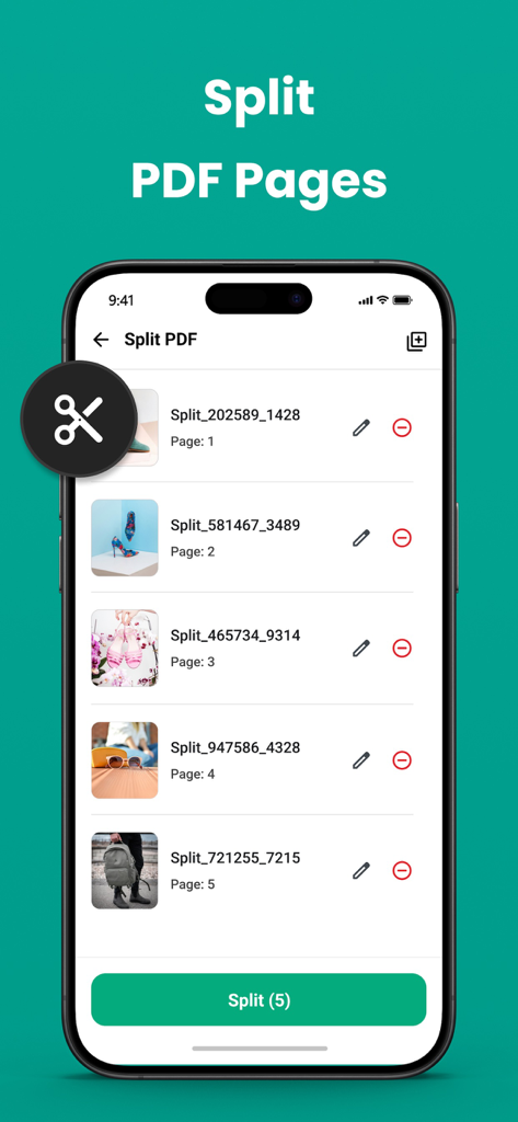 Interface do aplicativo Cam Scanner mostrando o recurso de divisão de páginas PDF em um smartphone.