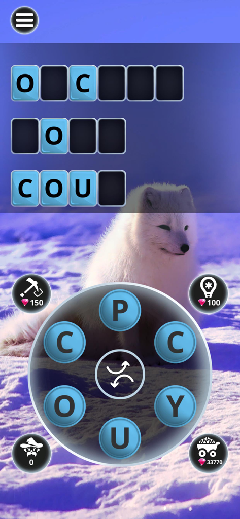 Interfaz de un juego de puzzle de conectar palabras con una rueda de letras sobre un fondo de zorro ártico.