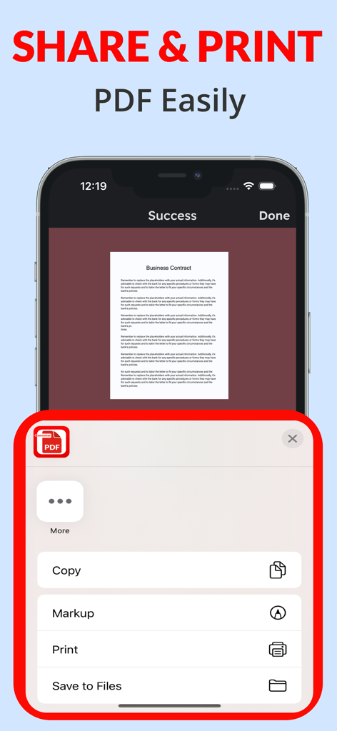 iPhone interface showing a business contract PDF with share and print options like markup and save to files